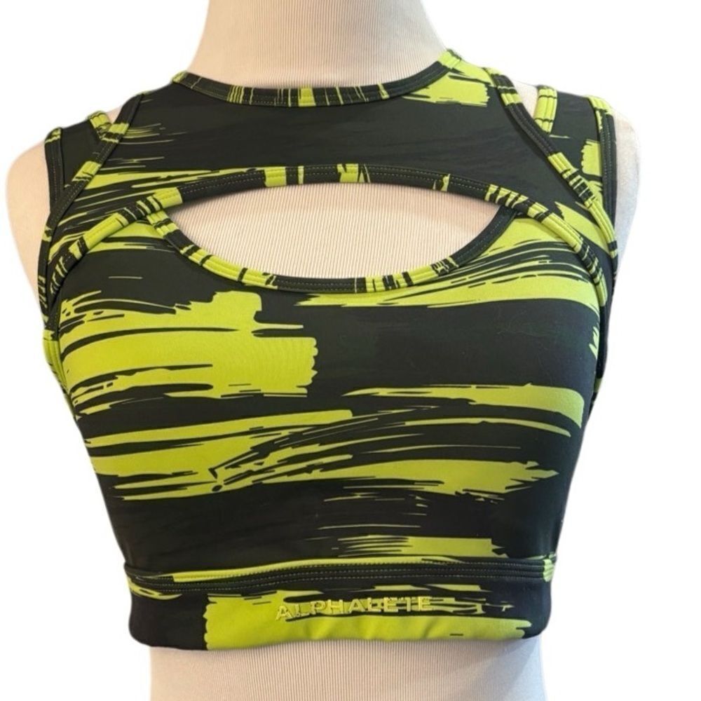 Alphalete Surface Keyhole Sports Bra Medium Green Black Racerback Padded Gym
